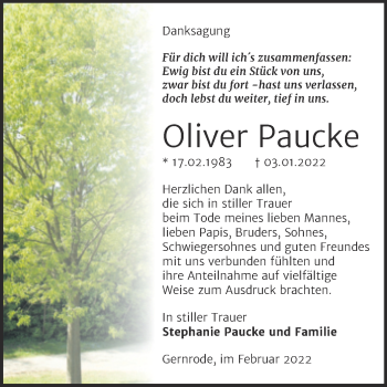 Traueranzeige von Oliver Paucke von Trauerkombi Quedlinburg
