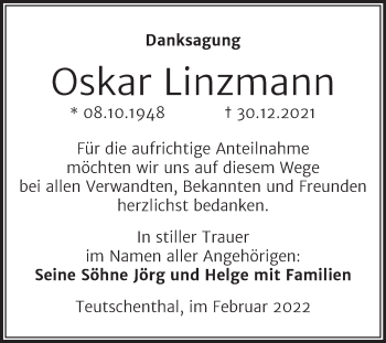 Traueranzeige von Oskar Linzmann von Mitteldeutsche Zeitung Halle/Saalkreis