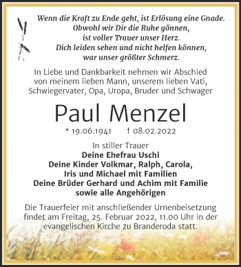 Traueranzeige von Paul Menzel von Trauerkombi Merseburg