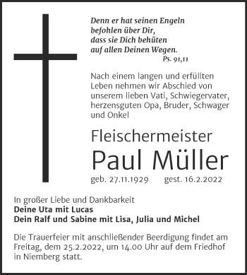 Traueranzeige von Paul Müller von Mitteldeutsche Zeitung Halle/Saalkreis