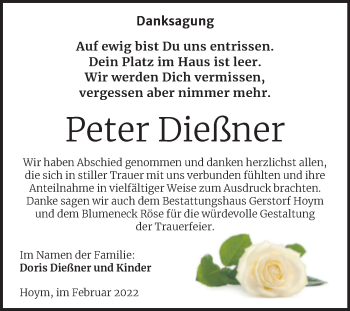 Traueranzeige von Peter Dießner von Trauerkombi Aschersleben