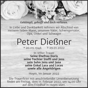 Traueranzeige von Peter Dießner von Trauerkombi Aschersleben