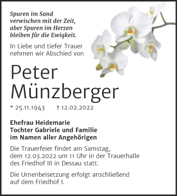 Traueranzeige von Peter Münzberger von Trauerkombi Dessau