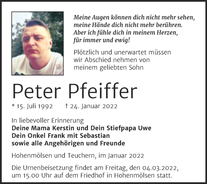  Traueranzeige für Peter Pfeiffer vom 12.02.2022 aus Trauerkombi Weißenfels