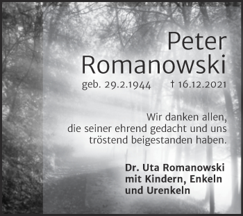 Traueranzeige von Peter Romanowski von Mitteldeutsche Zeitung Halle/Saalkreis