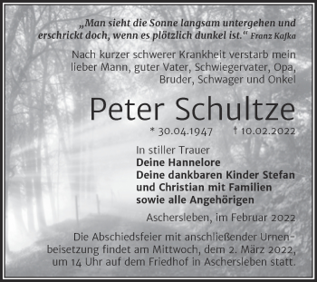 Traueranzeige von Peter Schultze von Trauerkombi Aschersleben