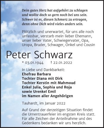 Traueranzeige von Peter Schwarz von Wochenspiegel Naumburg/Nebra