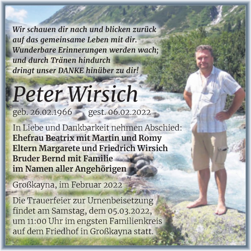  Traueranzeige für Peter Wirsich vom 19.02.2022 aus Trauerkombi Merseburg