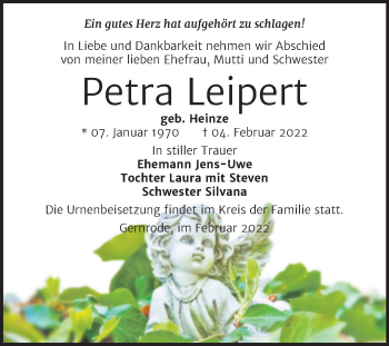 Traueranzeige von Petra Leipert von Trauerkombi Quedlinburg