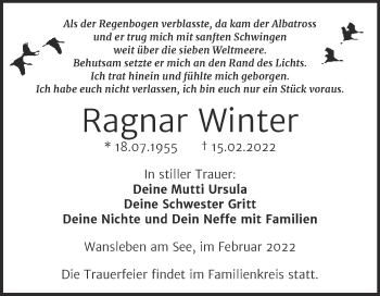 Traueranzeige von Ragnar Winter von Trauerkombi Mansfelder Land