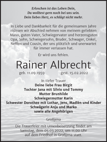 Traueranzeige von Rainer Albrecht von Wochenspiegel Naumburg/Nebra