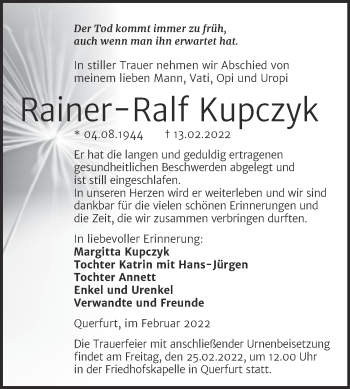 Traueranzeige von Rainer-Ralf Kupczyk von Trauerkombi Merseburg