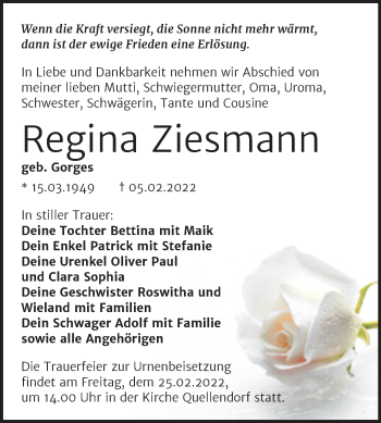 Traueranzeige von Regina Ziesmann von Trauerkombi Köthen