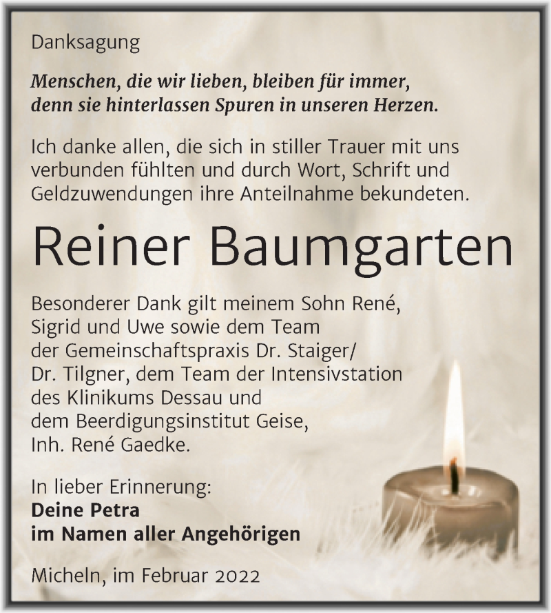  Traueranzeige für Reiner Baumgarten vom 19.02.2022 aus Trauerkombi Köthen