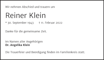 Traueranzeige von Reiner Klein von Trauerkombi Köthen