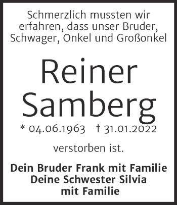 Traueranzeige von Reiner Samberg von Trauerkombi Dessau