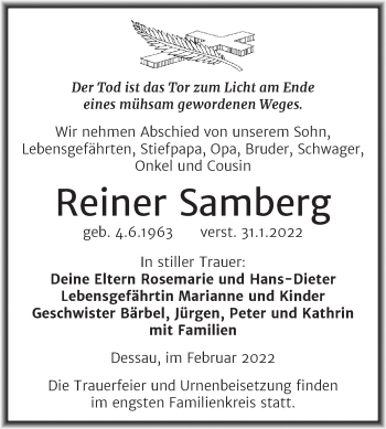 Traueranzeige von Reiner Samberg von Trauerkombi Dessau