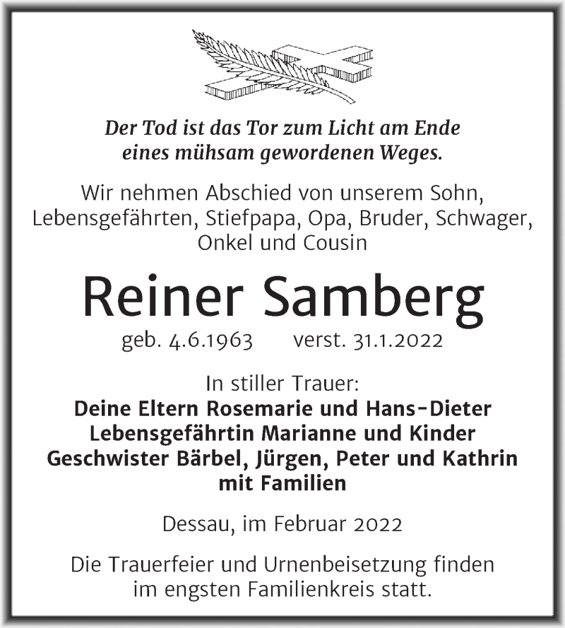  Traueranzeige für Reiner Samberg vom 12.02.2022 aus Trauerkombi Dessau