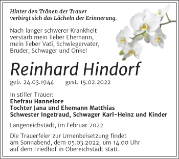 Traueranzeige von Reinhard Hindorf von Trauerkombi Merseburg