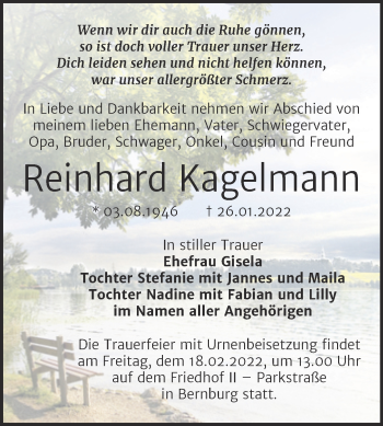 Traueranzeige von Reinhard Kagelmann von Trauerkombi Bernburg