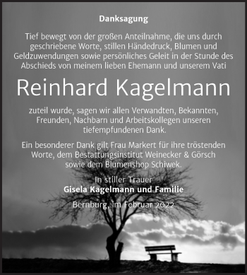Traueranzeige von Reinhard Kagelmann von Trauerkombi Bernburg