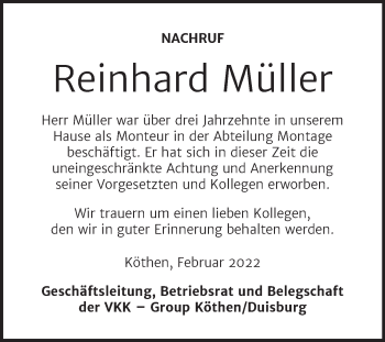 Traueranzeige von Reinhard Müller von Mitteldeutsche Zeitung Köthen