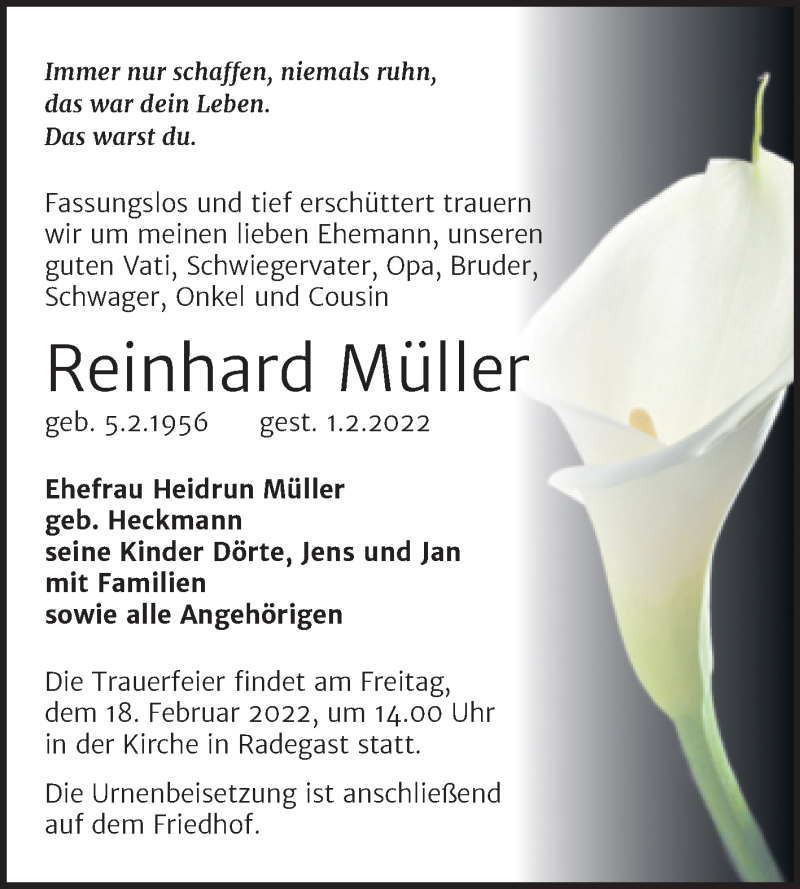  Traueranzeige für Reinhard Müller vom 08.02.2022 aus Trauerkombi Köthen