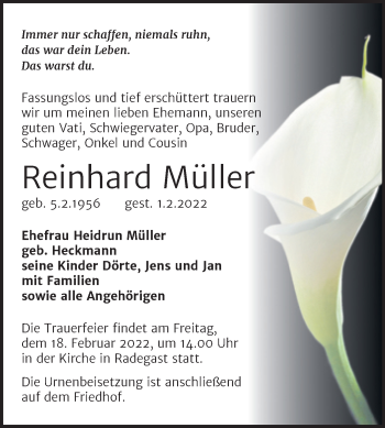 Traueranzeige von Reinhard Müller von Trauerkombi Köthen
