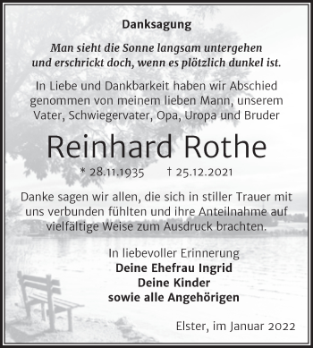 Traueranzeige von Reinhard Rothe von Trauerkombi Wittenberg