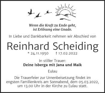Traueranzeige von Reinhard Scheiding von Wochenspiegel Naumburg/Nebra