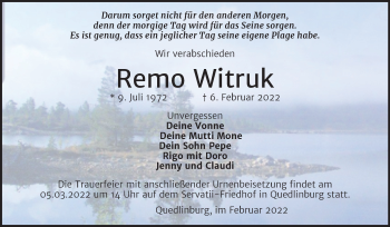 Traueranzeige von Remo Witruk von Trauerkombi Quedlinburg