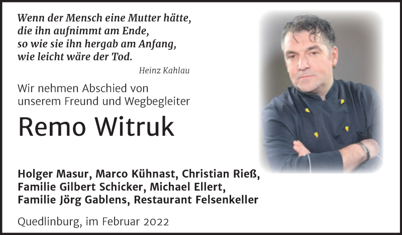  Traueranzeige für Remo Witruk vom 12.02.2022 aus Trauerkombi Quedlinburg