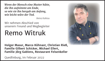 Traueranzeige von Remo Witruk von Trauerkombi Quedlinburg