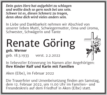 Traueranzeige von Renate Göring von Trauerkombi Köthen