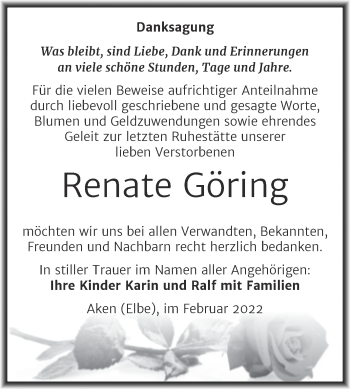Traueranzeige von Renate Göring von Trauerkombi Köthen