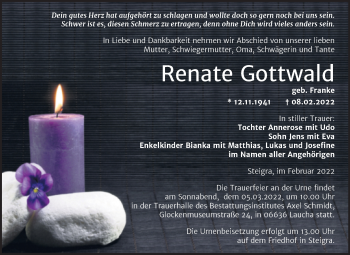 Traueranzeige von Renate Gottwald von Trauerkombi Merseburg