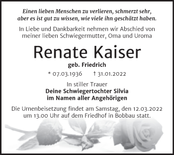 Traueranzeige von Renate Kaiser von Trauerkombi Bitterfeld