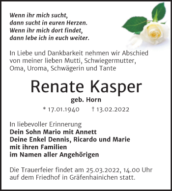 Traueranzeige von Renate Kasper von Trauerkombi Wittenberg
