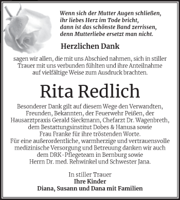 Traueranzeige von Rita Redlich von Trauerkombi Bernburg