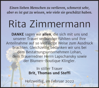 Traueranzeige von Rita Zimmermann von Trauerkombi Bitterfeld