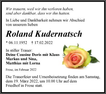 Traueranzeige von Roland Kudernatsch von Trauerkombi Aschersleben