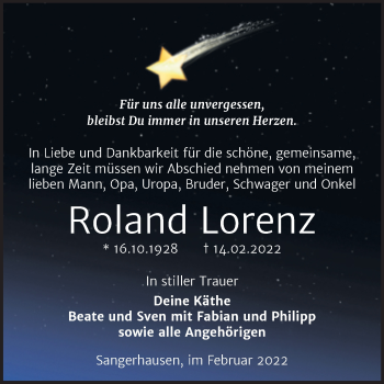 Traueranzeige von Roland Lorenz von Trauerkombi Sangerhausen