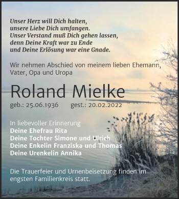Traueranzeige von Roland Mielke von Trauerkombi Wittenberg