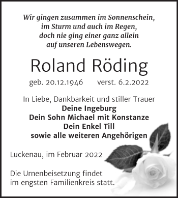 Traueranzeige von Roland Röding von Trauerkombi Zeitz