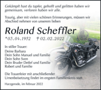 Traueranzeige von Roland Scheffler von Trauerkombi Quedlinburg