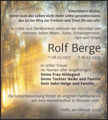 Traueranzeige von Rolf Berge von Mitteldeutsche Zeitung Halle/Saalkreis