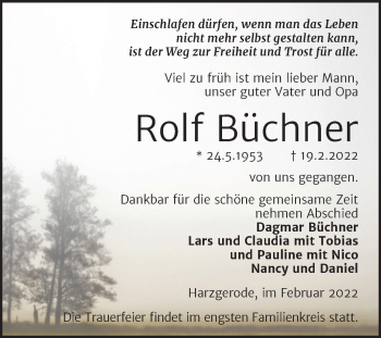 Traueranzeige von Rolf Büchner von Trauerkombi Quedlinburg