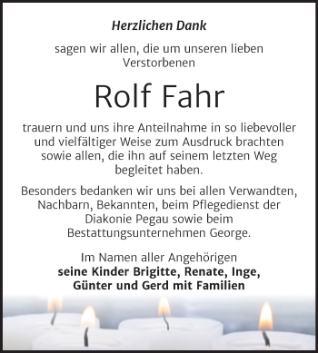 Traueranzeige von Rolf Fahr von Trauerkombi Zeitz