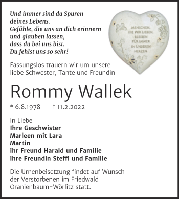 Traueranzeige von Rommy Wallek von Trauerkombi Köthen
