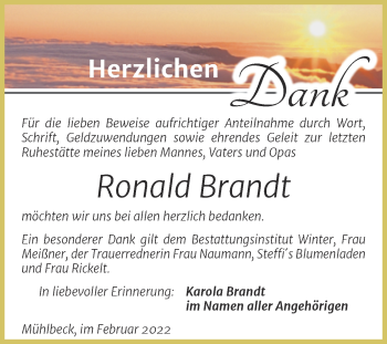 Traueranzeige von Ronald Brandt von Trauerkombi Bitterfeld